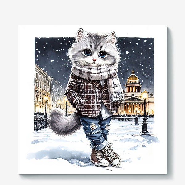 Холст «Котик хипстер в зимнем Питере»