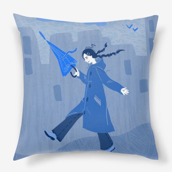 Подушка «Девушка с зонтом гуляет по городу»