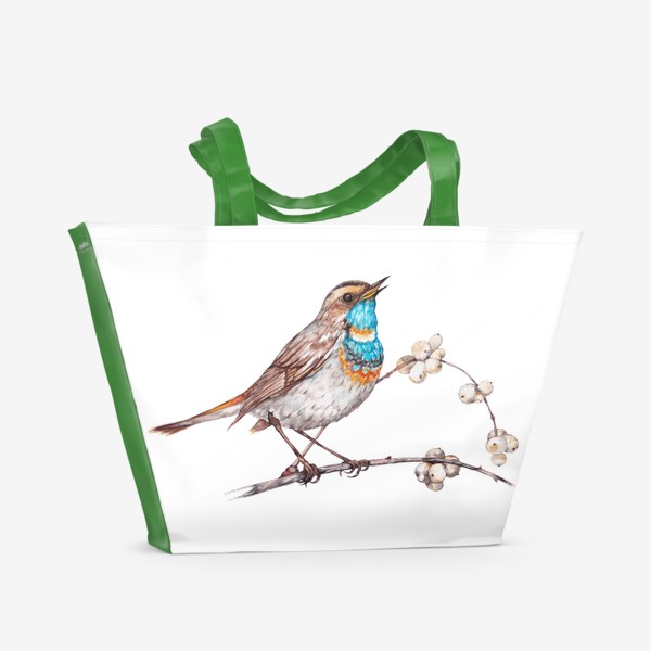 Пляжная сумка &laquo;Певчая птичка варакушка на ветке ягод морозника Зимняя иллюстрация Акварель&raquo;