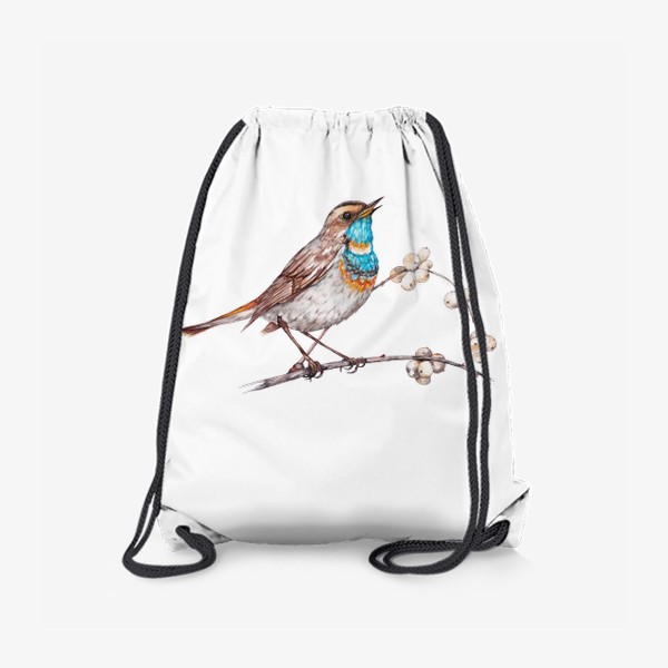 Рюкзак «Певчая птичка варакушка на ветке ягод морозника Зимняя иллюстрация Акварель»