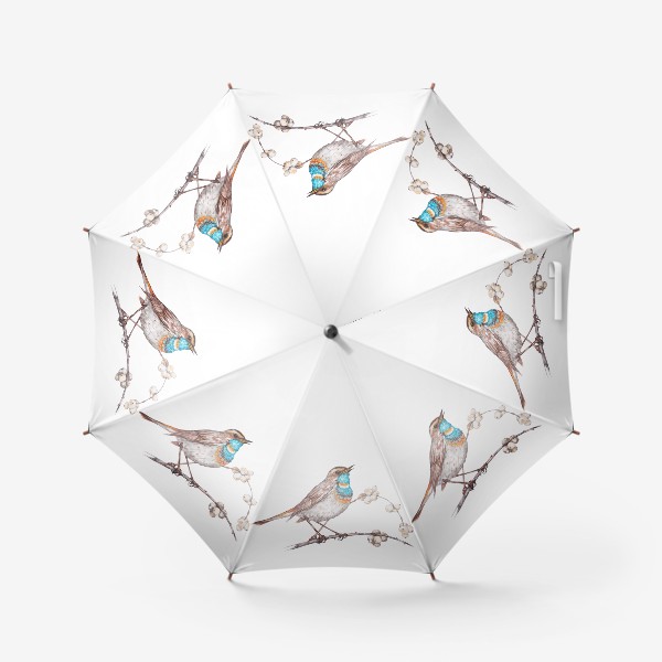 Зонт «Певчая птичка варакушка на ветке ягод морозника Зимняя иллюстрация Акварель»
