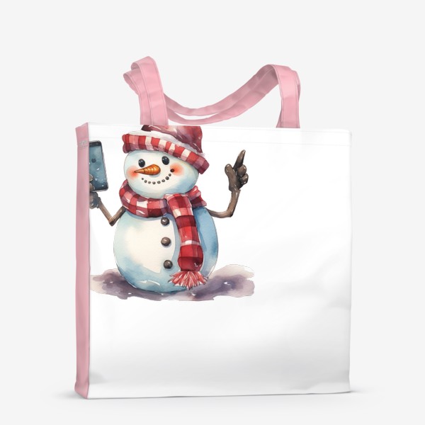 Сумка-шоппер «Новогодний акварельный принт снеговика в шапке »
