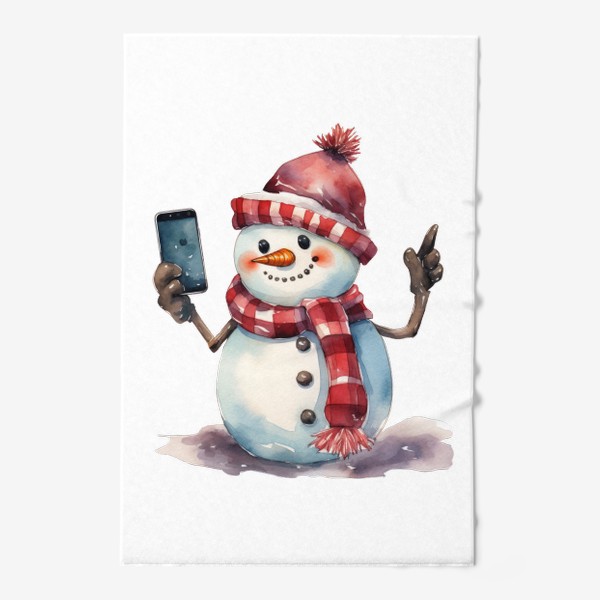 Полотенце «Новогодний акварельный принт снеговика в шапке »