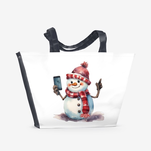 Пляжная сумка &laquo;Новогодний акварельный принт снеговика в шапке &raquo;
