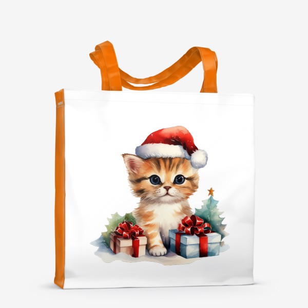 Сумка-шоппер «Новогодний акварельный принт котенок в шапке Санты»
