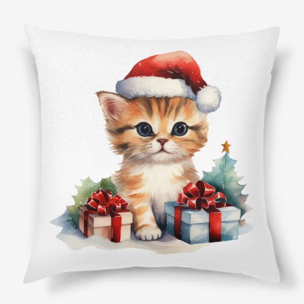 Подушка «Новогодний акварельный принт котенок в шапке Санты»