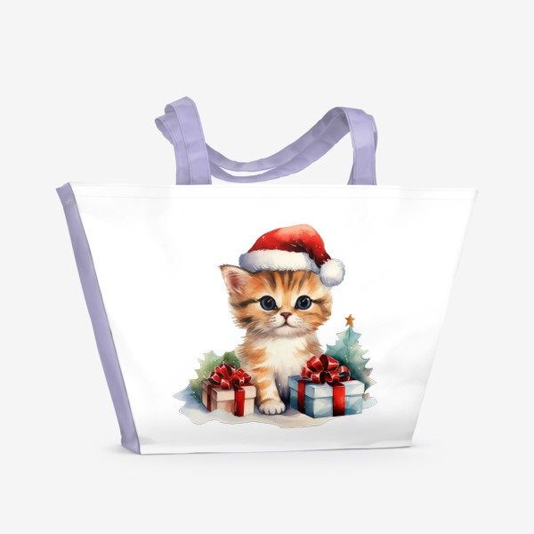 Пляжная сумка «Новогодний акварельный принт котенок в шапке Санты»