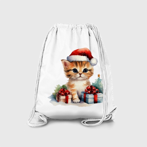 Рюкзак «Новогодний акварельный принт котенок в шапке Санты»