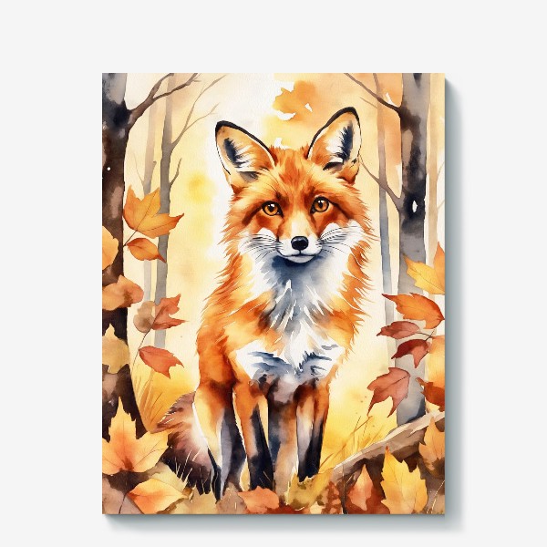 Холст «Портрет лисы с осенними листьями»