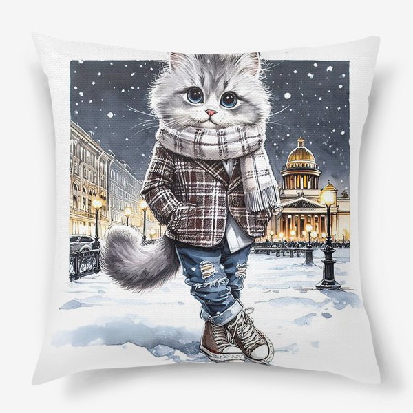 Подушка «Котик хипстер в зимнем Питере»