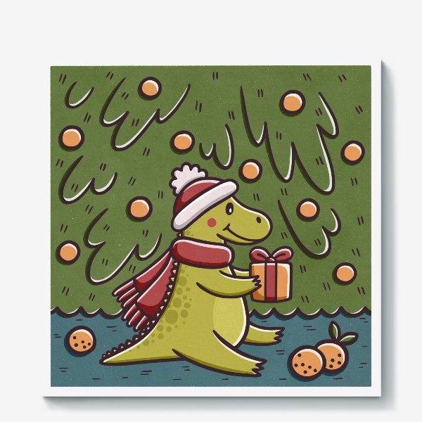 Холст «Милый дракон с подарком под елкой. Мандарины. Новый год»