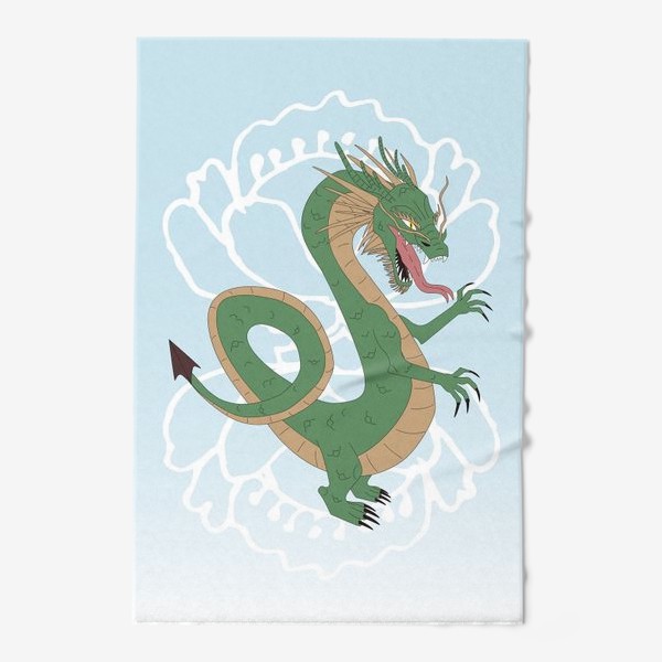 Полотенце «Зелёный дракон на небесном фоне с силуэтами цветов»