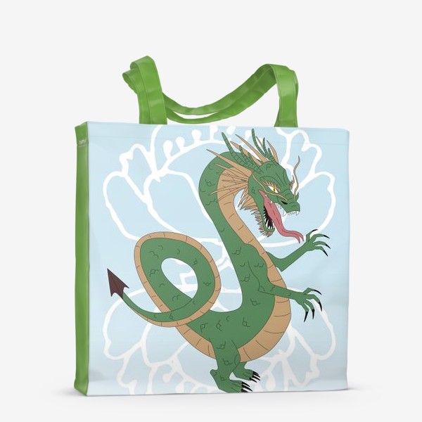 Сумка-шоппер «Зелёный дракон на небесном фоне с силуэтами цветов»