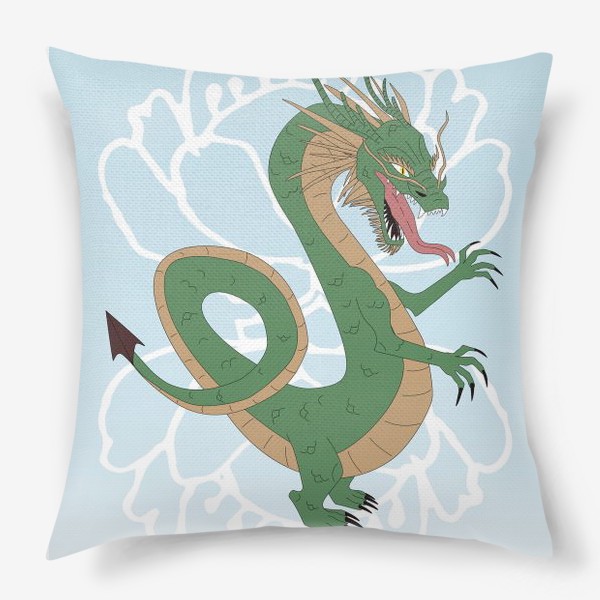 Подушка «Зелёный дракон на небесном фоне с силуэтами цветов»