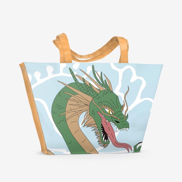 Пляжная сумка «Зелёный дракон на небесном фоне с силуэтами цветов»