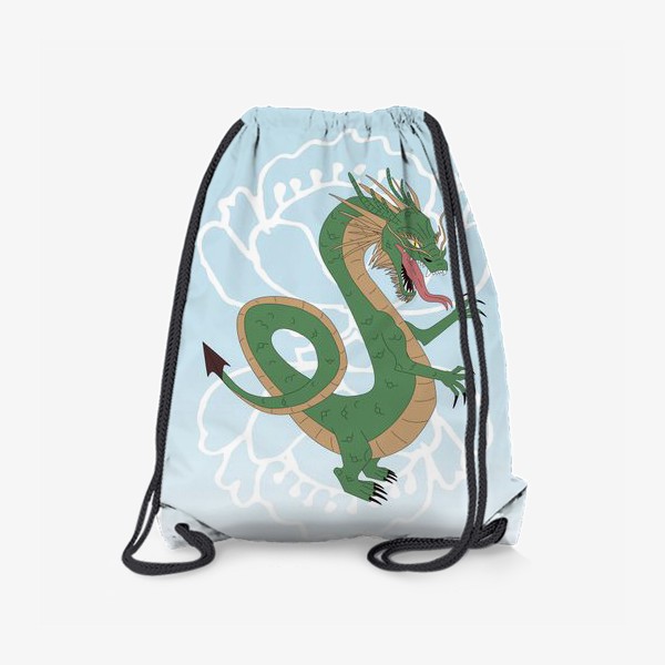 Рюкзак «Зелёный дракон на небесном фоне с силуэтами цветов»