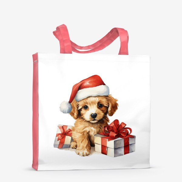 Сумка-шоппер «Новогодний акварельный принт щенок в шапке Санты»