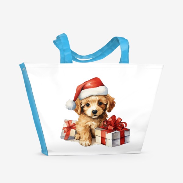Пляжная сумка «Новогодний акварельный принт щенок в шапке Санты»