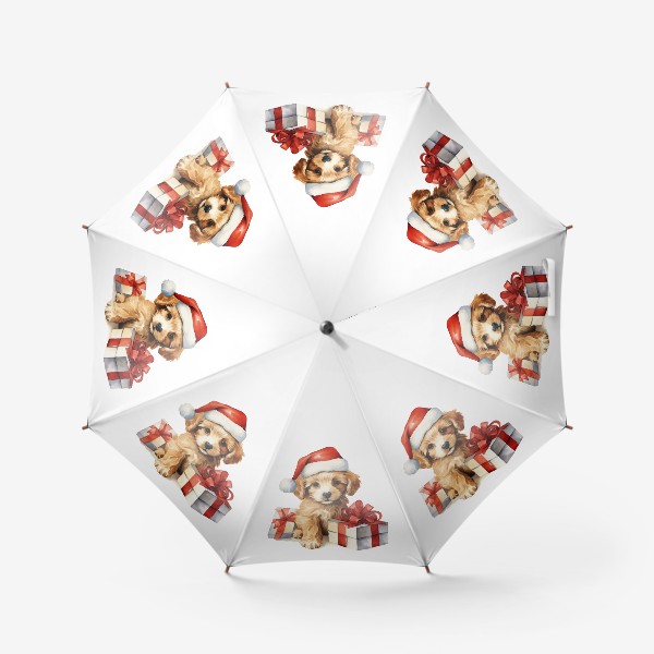 Зонт «Новогодний акварельный принт щенок в шапке Санты»