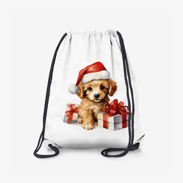 Рюкзак «Новогодний акварельный принт щенок в шапке Санты»