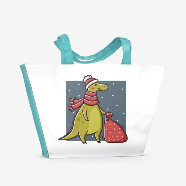 Пляжная сумка «Милый дракон в шапке и шарфе с мешком подарков. Новый год»