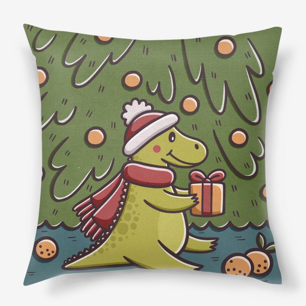 Подушка «Милый дракон с подарком под елкой. Мандарины. Новый год»