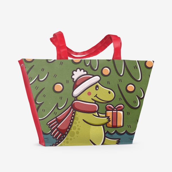 Пляжная сумка «Милый дракон с подарком под елкой. Мандарины. Новый год»