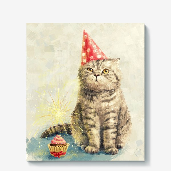 Холст «День рождения кота, недовольный полосатый британец с праздничным кексом. Забавная прикольная открытка, смешной котик»