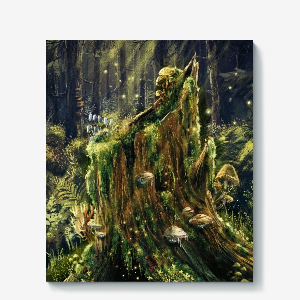 Холст «В лесной глуши, живописный загадочный принт, открытка, волшебный лес, магия и волшебство, грибы»