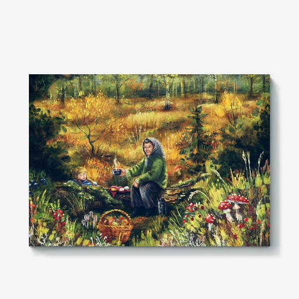 Холст «Осеннее путешествие, авторский принт, грибы мухоморы, живописный осенний пейзаж с лесными травами и грибами»