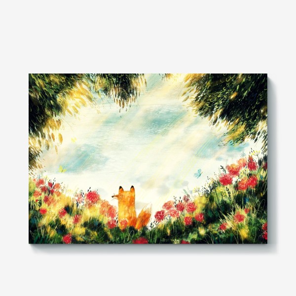 Холст «Лисьи тайны, авторский принт с лисенком в цветах, красивая картина в подарок, летний стилизованный пейзаж»