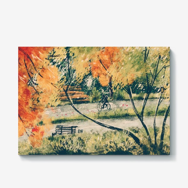 Холст «Осень, пейзаж в авторском стиле, красивая графичная интерьерная картина в подарок, осенний городской пейзаж»