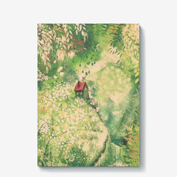 Холст «Весна, моноцветный авторский принт, картина в подарок, красивый акварельный пейзаж с домиком и природой»