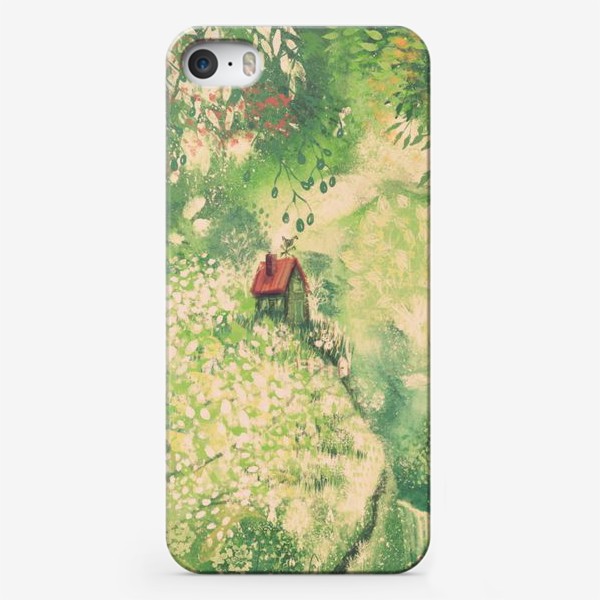 Чехол iPhone «Весна, моноцветный авторский принт, картина в подарок, красивый акварельный пейзаж с домиком и природой»