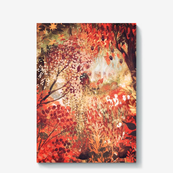 Холст &laquo;Осень, монохромный авторский принт, картина в подарок, красивый акварельный пейзаж с домиком, красные и оранжевые тона&raquo;
