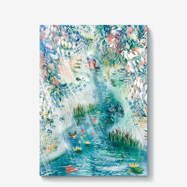 Холст «Лето, голубой/бирюзовый моноцветный авторский принт, картина в подарок, красивый акварельный пейзаж с домиком у реки»