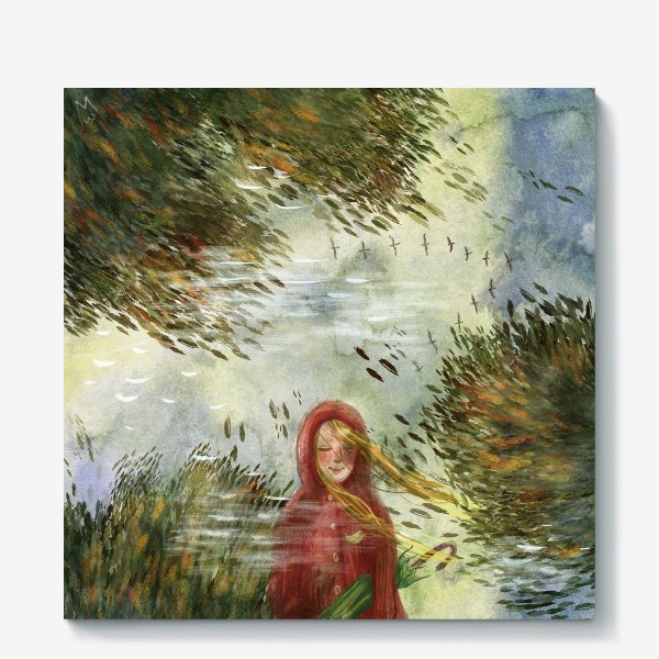 Холст «Дыхание сентября, авторский акварельный осенний принт в подарок, красивая картина с девушкой в дождевике, ветер, дождь »