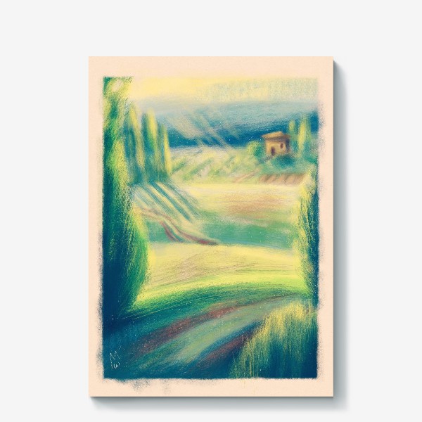 Холст «Дорога домой, авторский принт, летний солнечный пейзажем Тосканы и домиком, карандаш, пастель, графика, красивая картина»