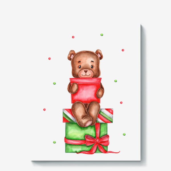 Холст «Акварельный медвежонок, сидящий на коробках с подарками :)»