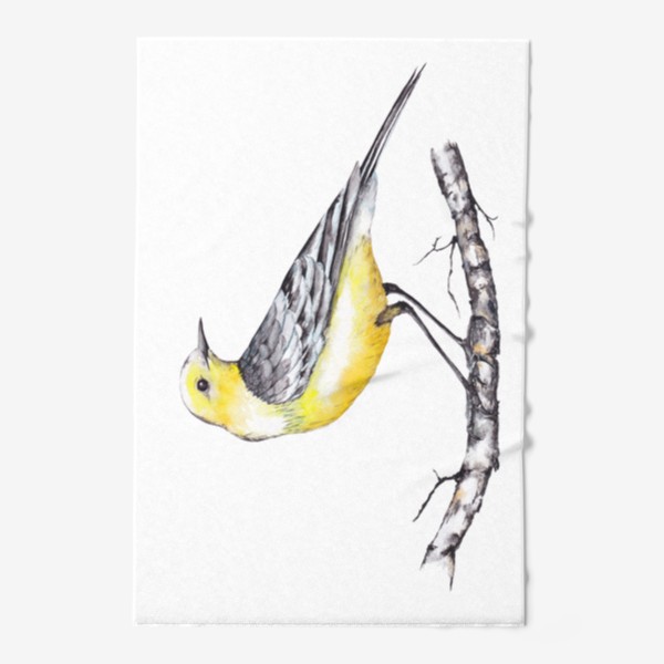 Полотенце «Лесная птичка желтоголовая трясогузка на березовой ветке Зимний мотив Акварель»