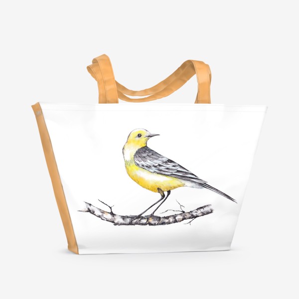 Пляжная сумка «Лесная птичка желтоголовая трясогузка на березовой ветке Зимний мотив Акварель»