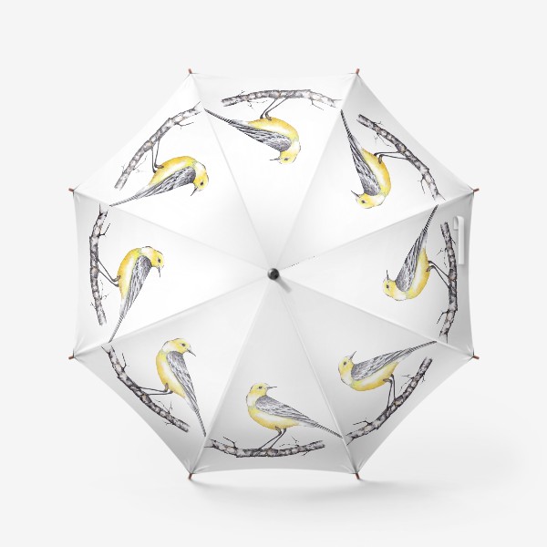 Зонт «Лесная птичка желтоголовая трясогузка на березовой ветке Зимний мотив Акварель»