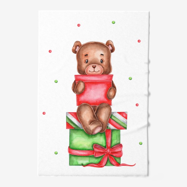 Полотенце «Акварельный медвежонок, сидящий на коробках с подарками :)»