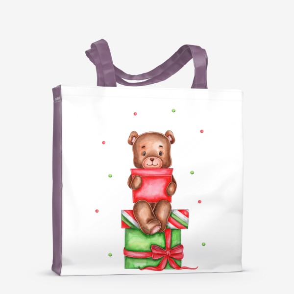 Сумка-шоппер «Акварельный медвежонок, сидящий на коробках с подарками :)»