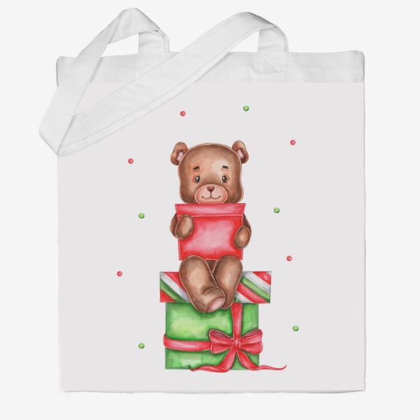 Сумка хб «Акварельный медвежонок, сидящий на коробках с подарками :)»