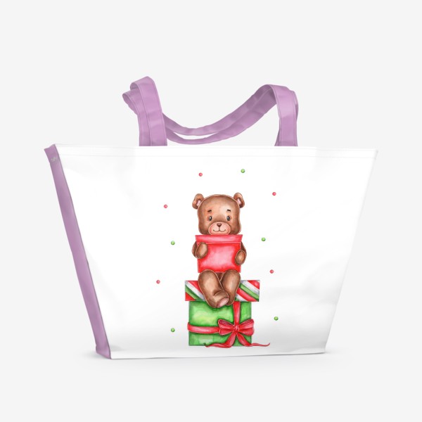 Пляжная сумка «Акварельный медвежонок, сидящий на коробках с подарками :)»