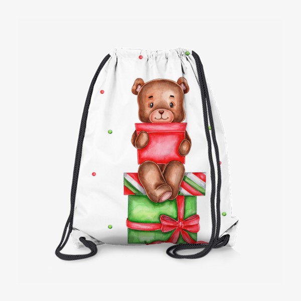 Рюкзак «Акварельный медвежонок, сидящий на коробках с подарками :)»