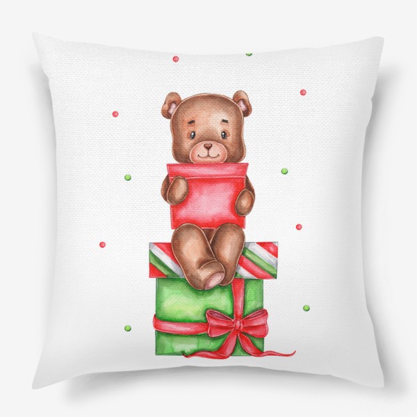 Подушка «Акварельный медвежонок, сидящий на коробках с подарками :)»