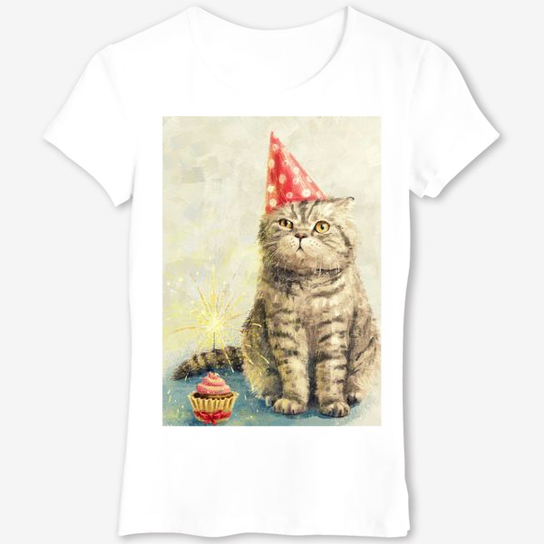 Футболка &laquo;День рождения кота, недовольный полосатый британец с праздничным кексом. Забавная прикольная открытка, смешной котик&raquo;