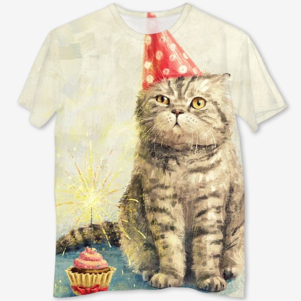 Футболка с полной запечаткой &laquo;День рождения кота, недовольный полосатый британец с праздничным кексом. Забавная прикольная открытка, смешной котик&raquo;